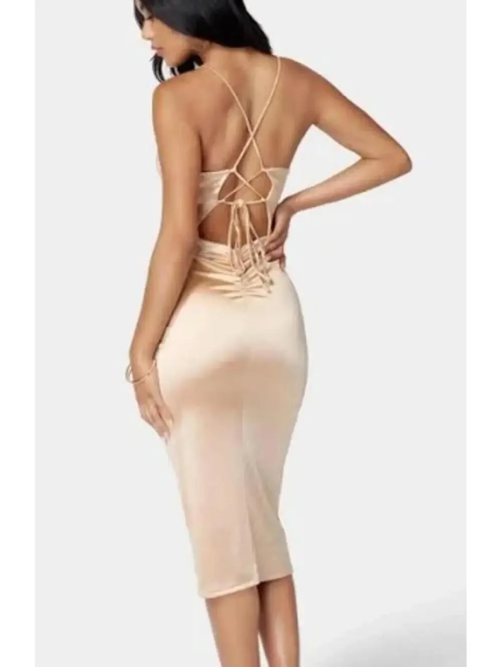 Bebe Hazelnut Gold Strappy Back Satin Midi Dress Evening Glam Cocktail Small